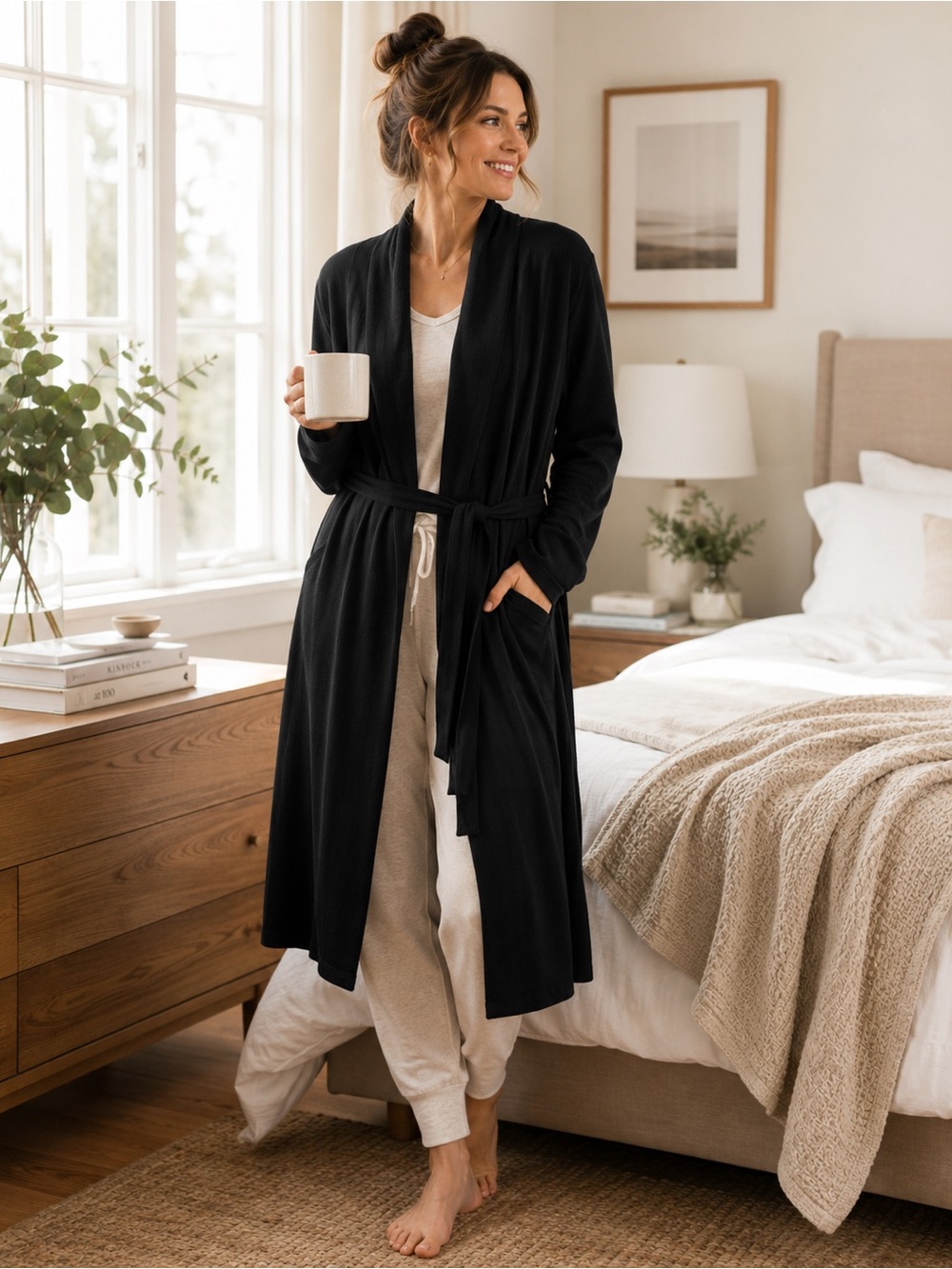 Athleta Wind Down Sleep Robe Large Black Waffle Knit Modal Lounge Wrap